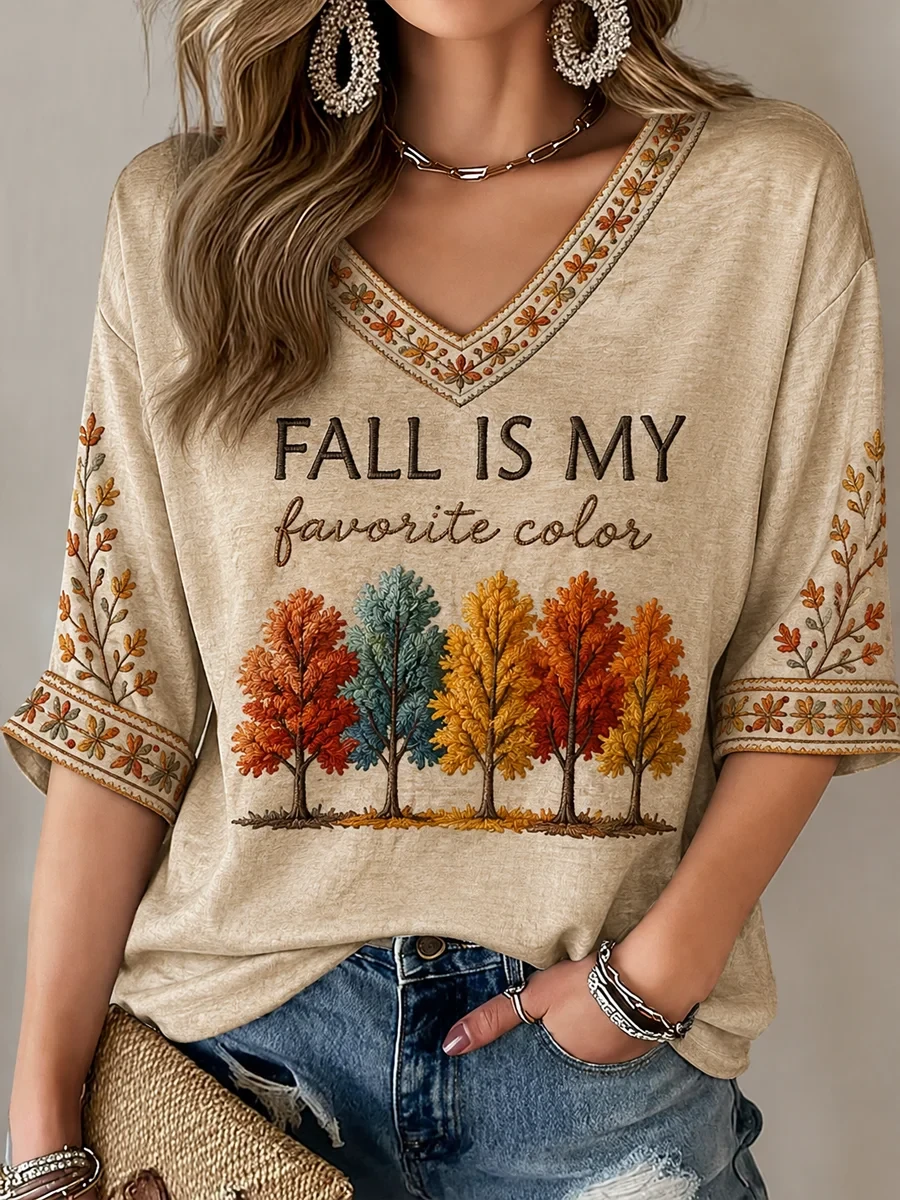 Fall Is My Favorite Cropped Sleeve V-Neck Shirt Cozy Autumn Season Clothing Gifts For Women - Merchluma