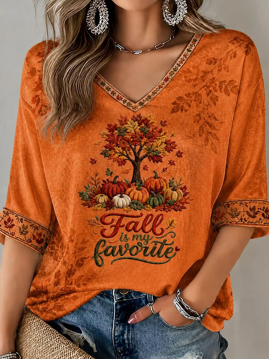 Fall Is My Favorite Color Cropped Sleeve V-Neck Shirt Autumn Foliage Clothes Aesthetic Gift - Merchluma