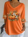Halloween Jack O Lantern Striped Cropped Sleeve V-Neck Shirt Spooky Halloween Merch Holiday Gift - Merchluma