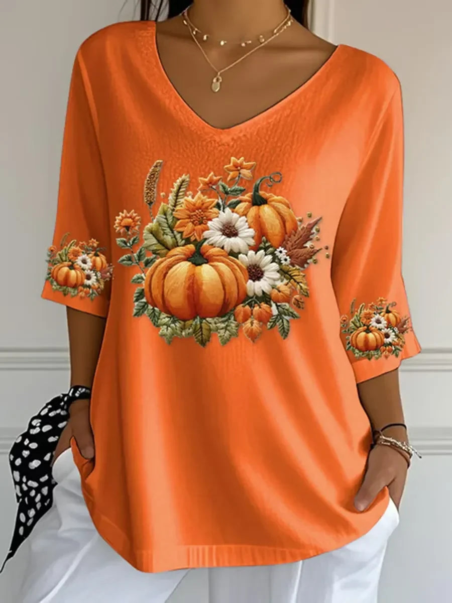 Halloween Jack O Lantern Striped Cropped Sleeve V-Neck Shirt Spooky Halloween Merch Holiday Gift - Merchluma