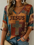 Jesus Cropped Sleeve V-Neck Shirt Christian Blessing Clothes Meaningful Gifts For Her - Merchluma