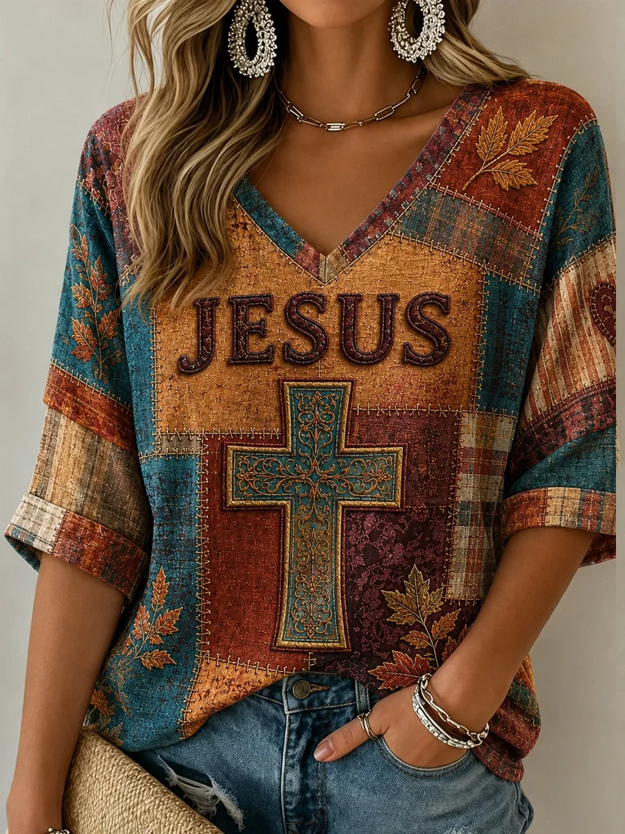 Jesus Cropped Sleeve V-Neck Shirt Christian Blessing Clothes Meaningful Gifts For Her - Merchluma