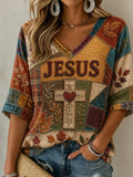Jesus Cropped Sleeve V-Neck Shirt Religious Faith Clothes Gift Ideas - Merchluma