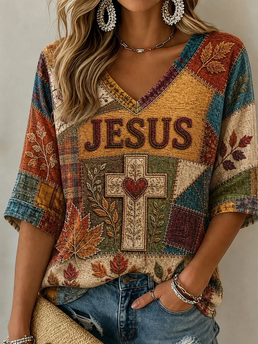 Jesus Cropped Sleeve V-Neck Shirt Religious Faith Clothes Gift Ideas - Merchluma