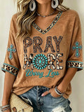 Pray More Worry Less Cropped Sleeve V-Neck Shirt Boho Cowgirl Faith Christian Merch Fan Gift - Merchluma