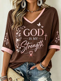God Is My Strength Cropped Sleeve V-Neck Shirt Holy Cross Clothing Gift - Merchluma