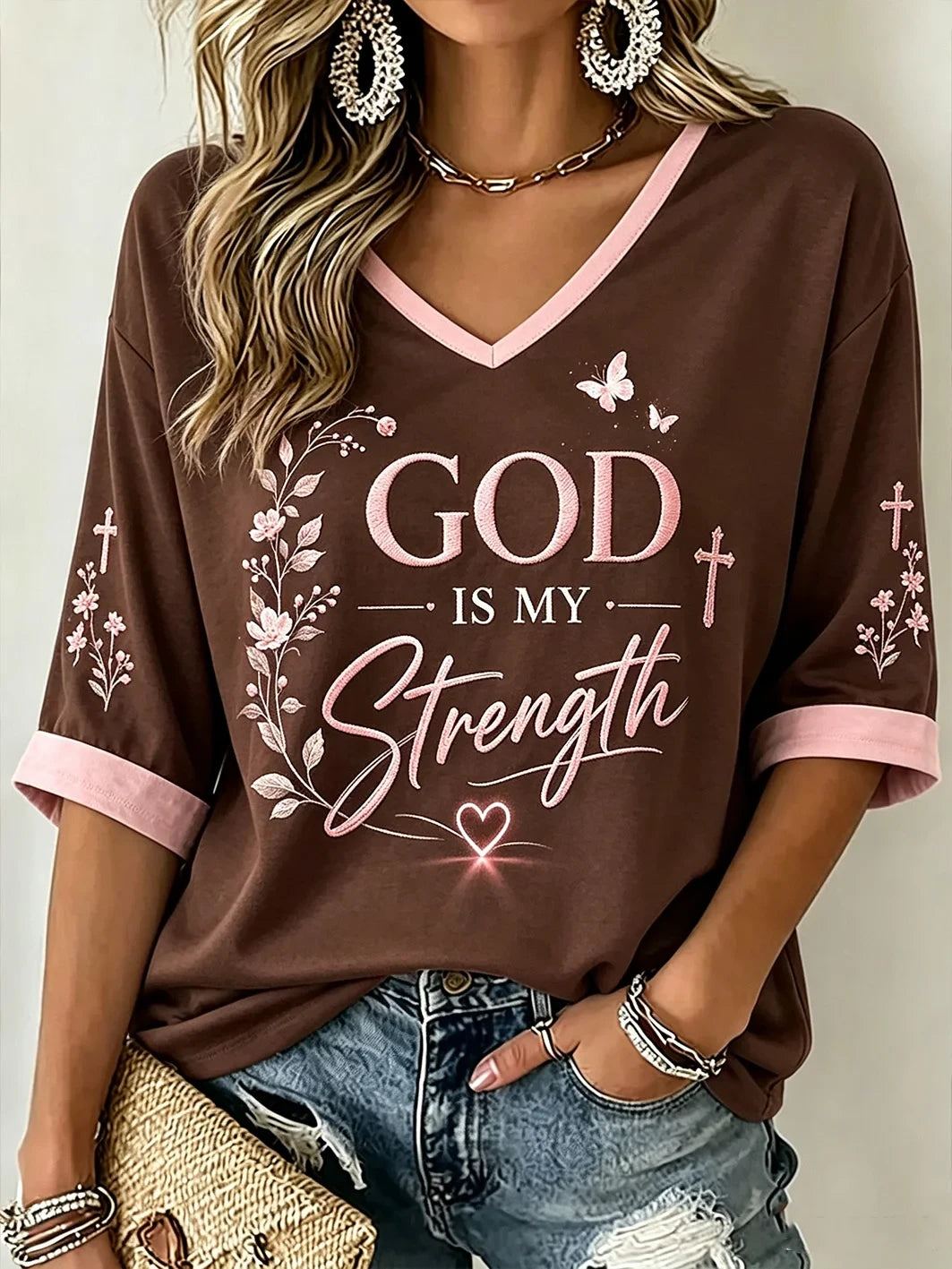 God Is My Strength Cropped Sleeve V-Neck Shirt Holy Cross Clothing Gift - Merchluma