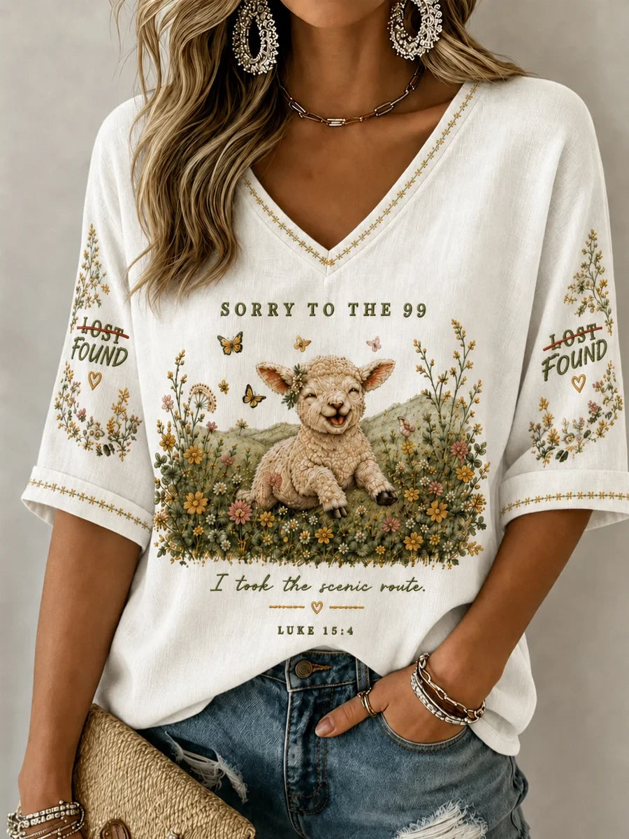 Luke 15 4 Lost Sheep Cropped Sleeve V-Neck Shirt Sorry To The 99 I Took The Scenic Route Clothing - Merchluma