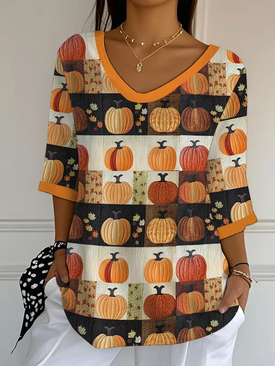 Pumpkin Pattern Cropped Sleeve V-Neck Shirt Autumn Clothing Her Gift - Merchluma
