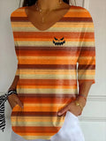 Pumpkin Pattern Cropped Sleeve V-Neck Shirt Funny Halloween Clothing Gift - Merchluma