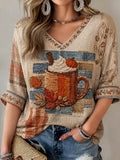 Pumpkin Spice Latte Fall Cropped Sleeve V-Neck Shirt Patchwork Autumn Coffee Clothing Gifts - Merchluma