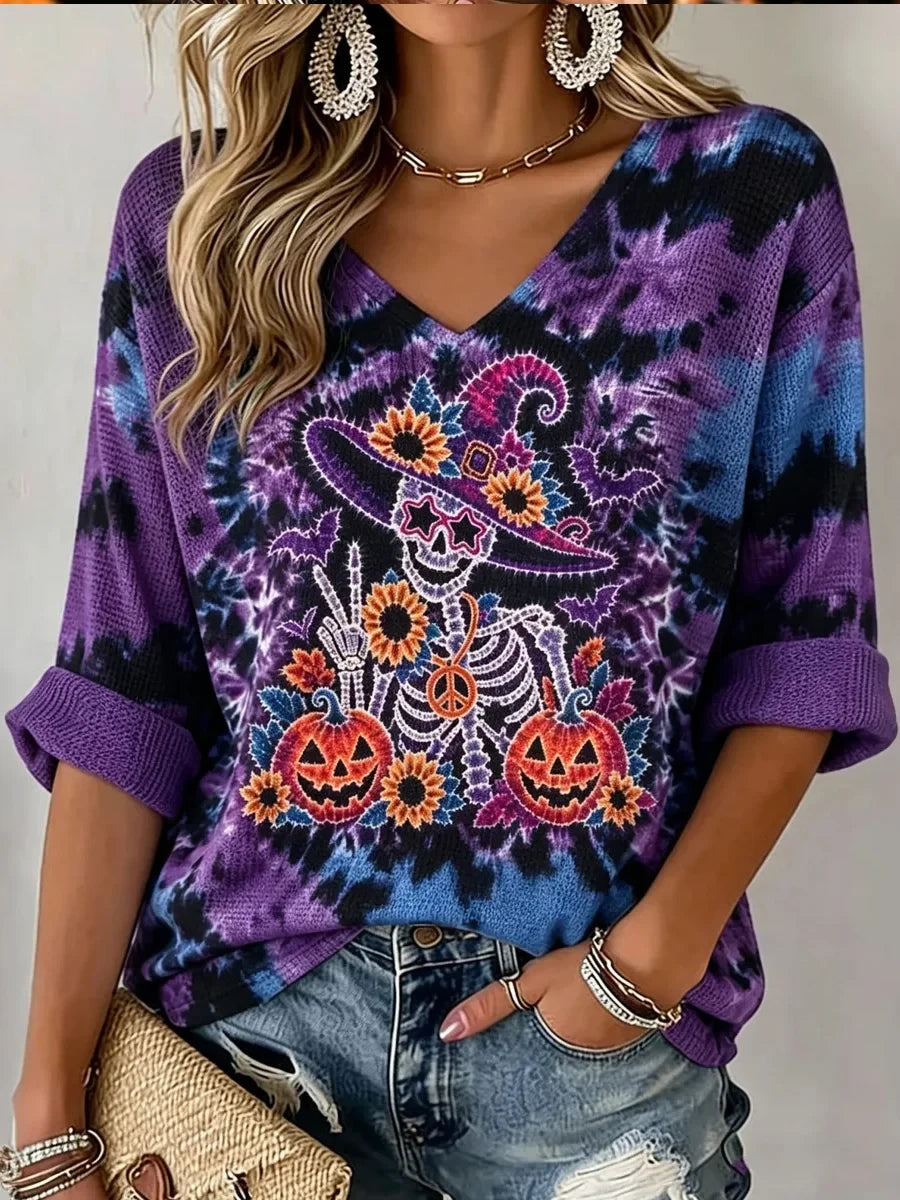 Sugar Skull Witch Cropped Sleeve V-Neck Shirt Halloween Spooky Clothing Gift - Merchluma
