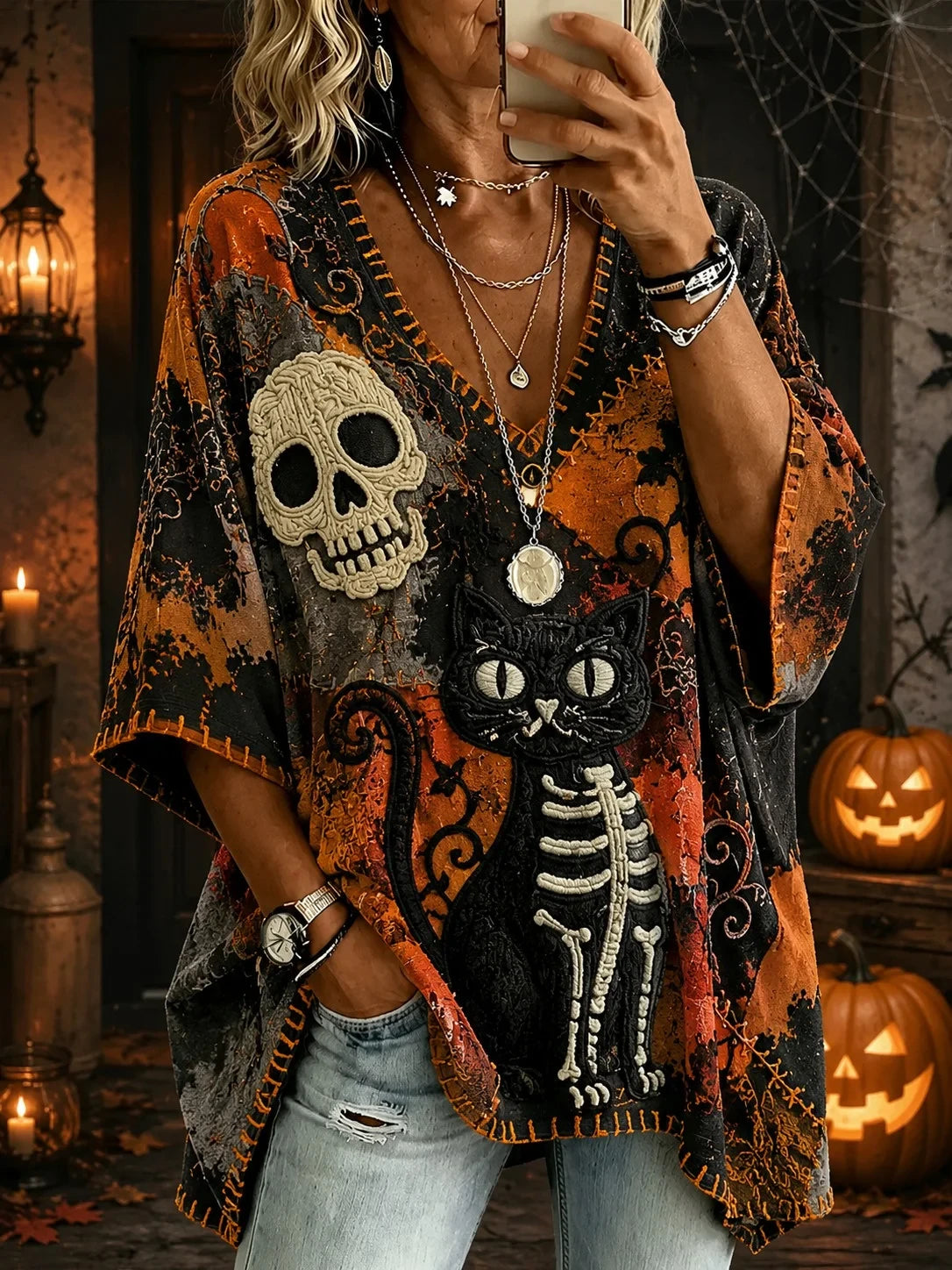 Horror Skull Cropped Sleeve V-Neck Shirt Gothic Halloween Clothing Party Gift - Merchluma