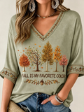 Fall Is My Favorite Cropped Sleeve V-Neck Shirt Cozy Autumn Season Clothing Gifts For Her - Merchluma