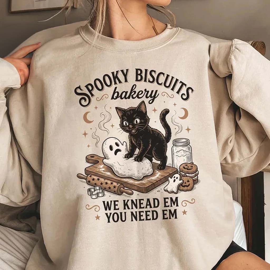 Vintage Black Cat Halloween Sweatshirt Spooky Biscuits Bakery Crewneck Funny Halloween Gifts - Merchluma