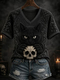Black Cat Eyes V-Neck Shirt Scary Halloween Present Ideas For Women - Merchluma
