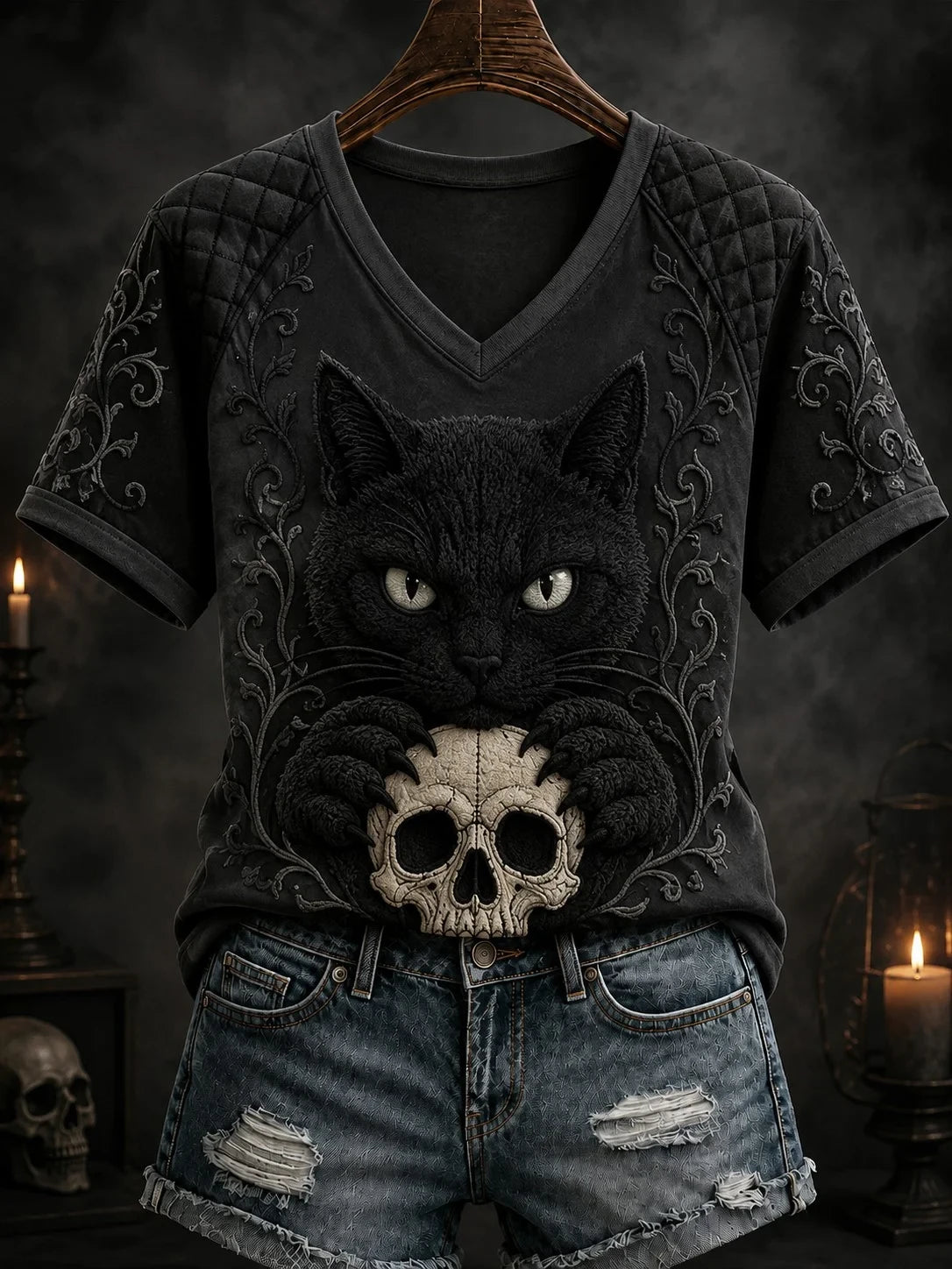 Black Cat Eyes V-Neck Shirt Scary Halloween Present Ideas For Women - Merchluma