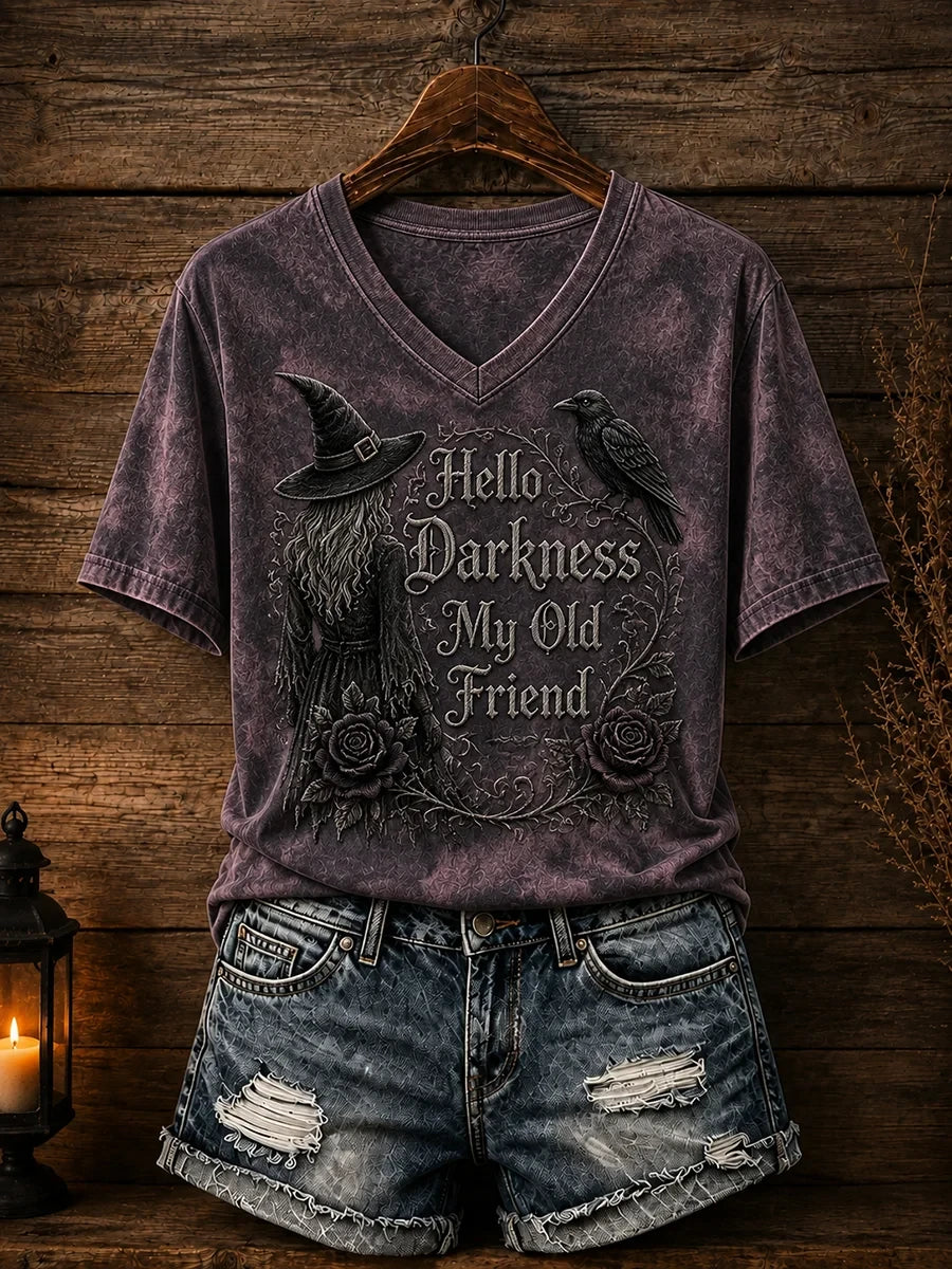Hello Darkness My Old Friend V-Neck Shirt Gothic Halloween Apparel Birthday Gift - Merchluma