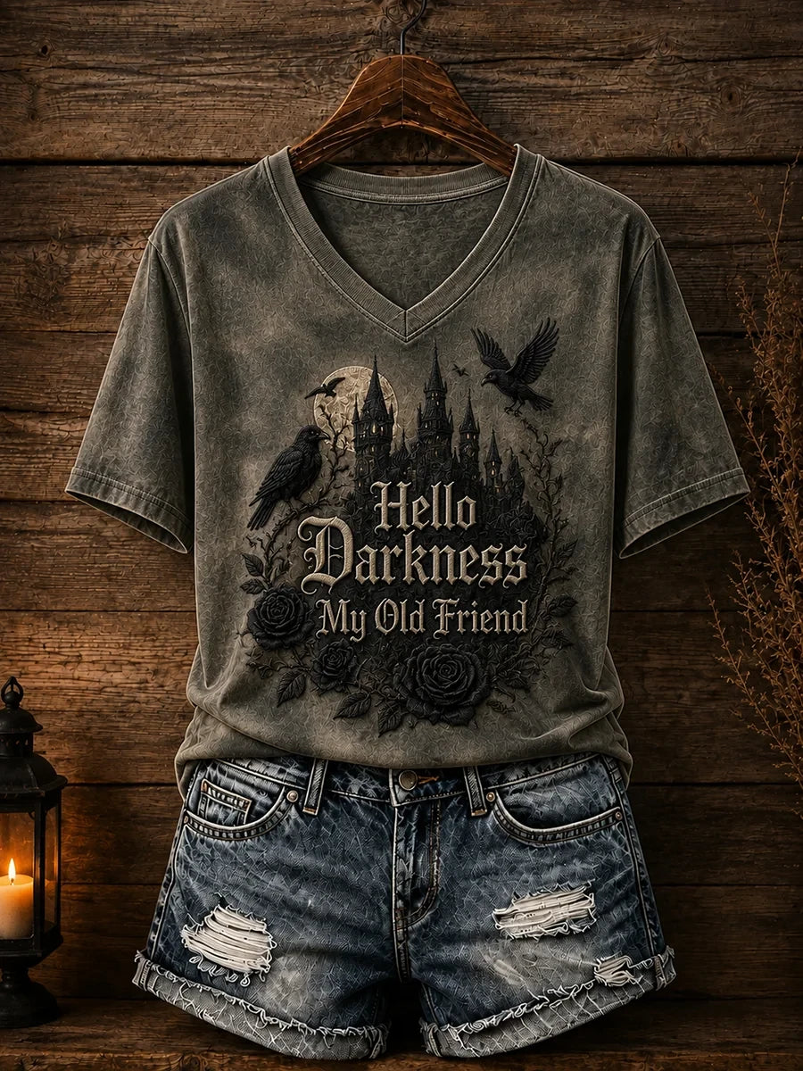 Hello Darkness My Old Friend V-Neck Shirt Gothic Halloween Apparel Fan Gift - Merchluma