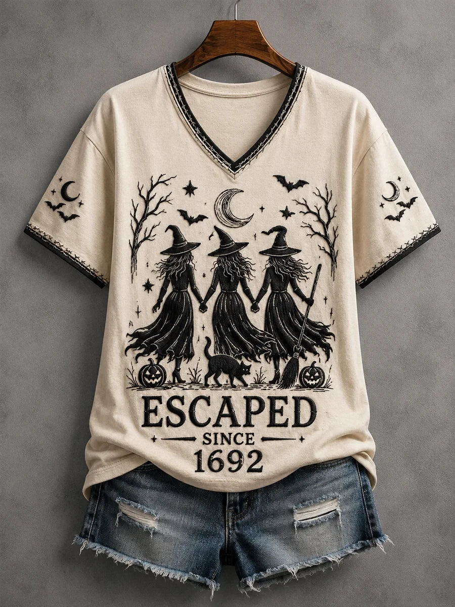 Funny Halloween Escaped Since 1692 Witches V-Neck Shirt Witchcraft Spooky Season Gift - Merchluma