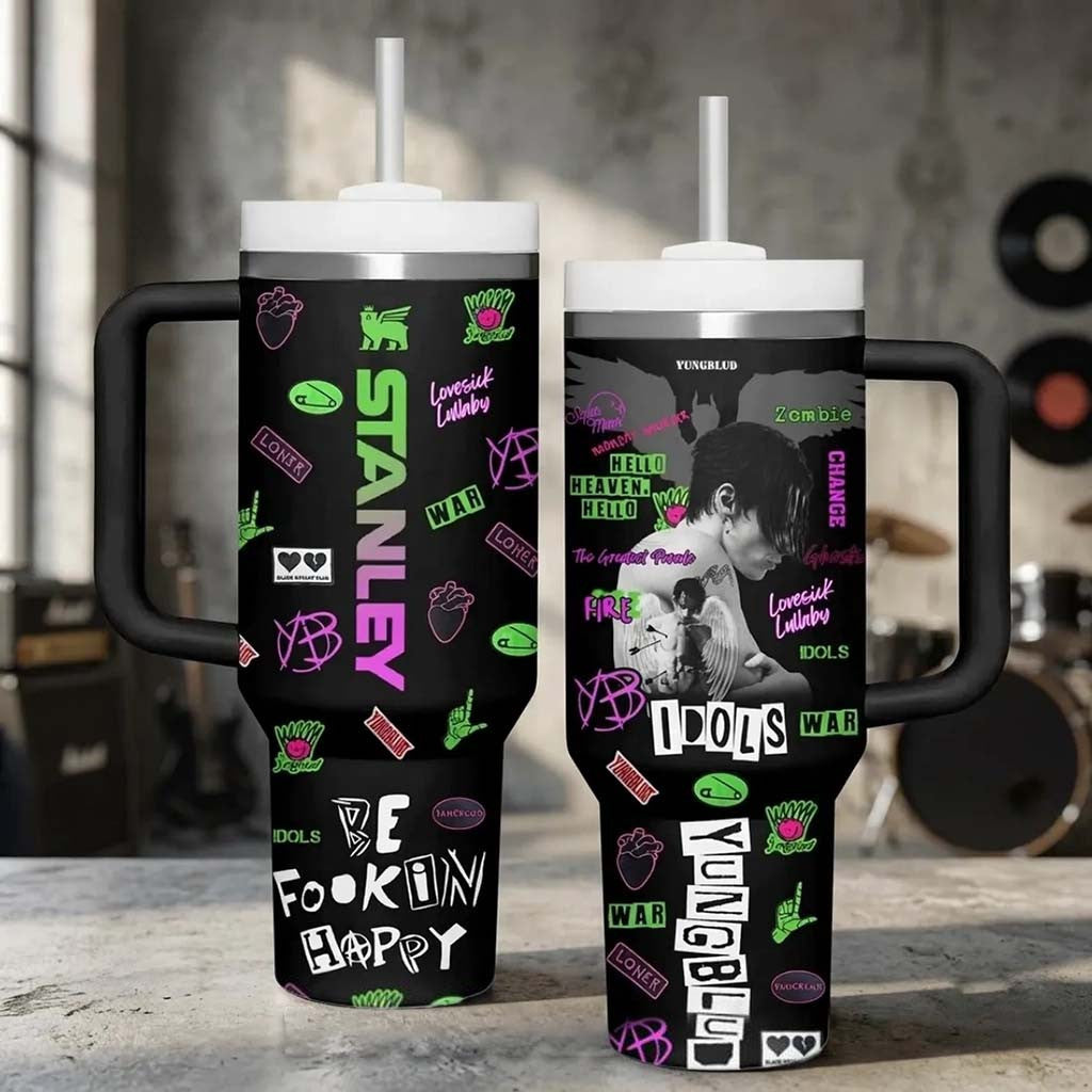 Yungblud Idols Black 40oz Tumbler Be Fookin Happy Travel Cup Yungblud Merch Gift For Fans - Merchluma