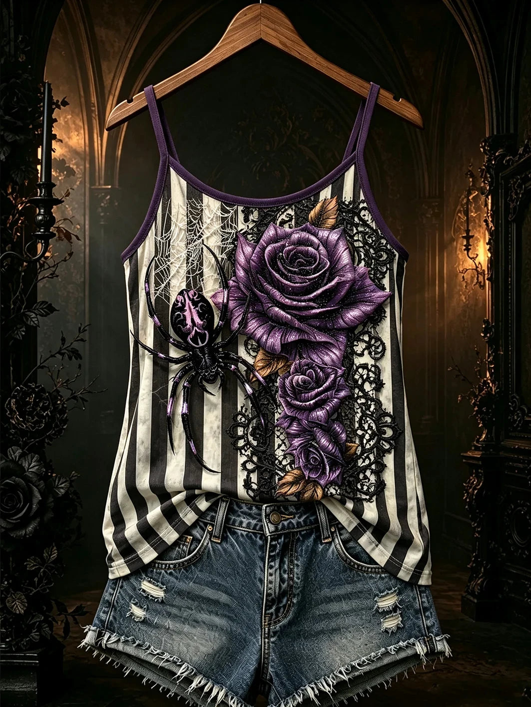 Gothic Purple Rose Stripe Tank Top Dark Floral Clothing Birthday Gift - Merchluma