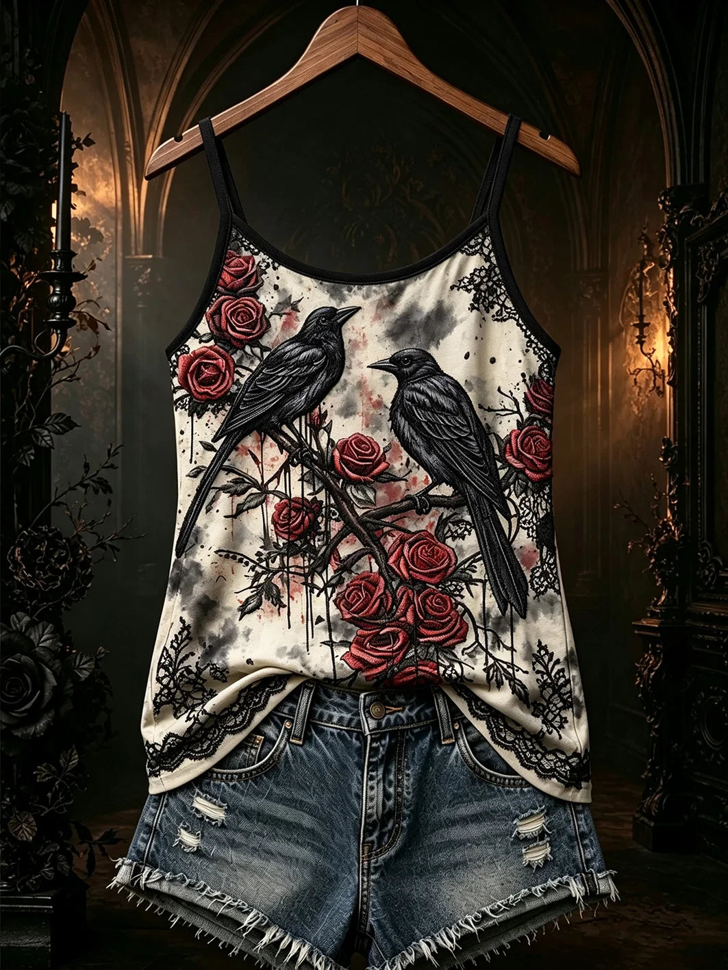 Gothic Raven And Red Rose Tank Top Dark Fantasy Crow Clothing Gift Ideas For Her - Merchluma