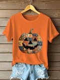 Pumpkin Art Patchwork T-Shirt Halloween Themed Outfits Gift For Women - Merchluma