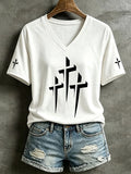 Three Crosses V-Neck Shirt Christian Faith Shirt Top Gifts For Fans - Merchluma