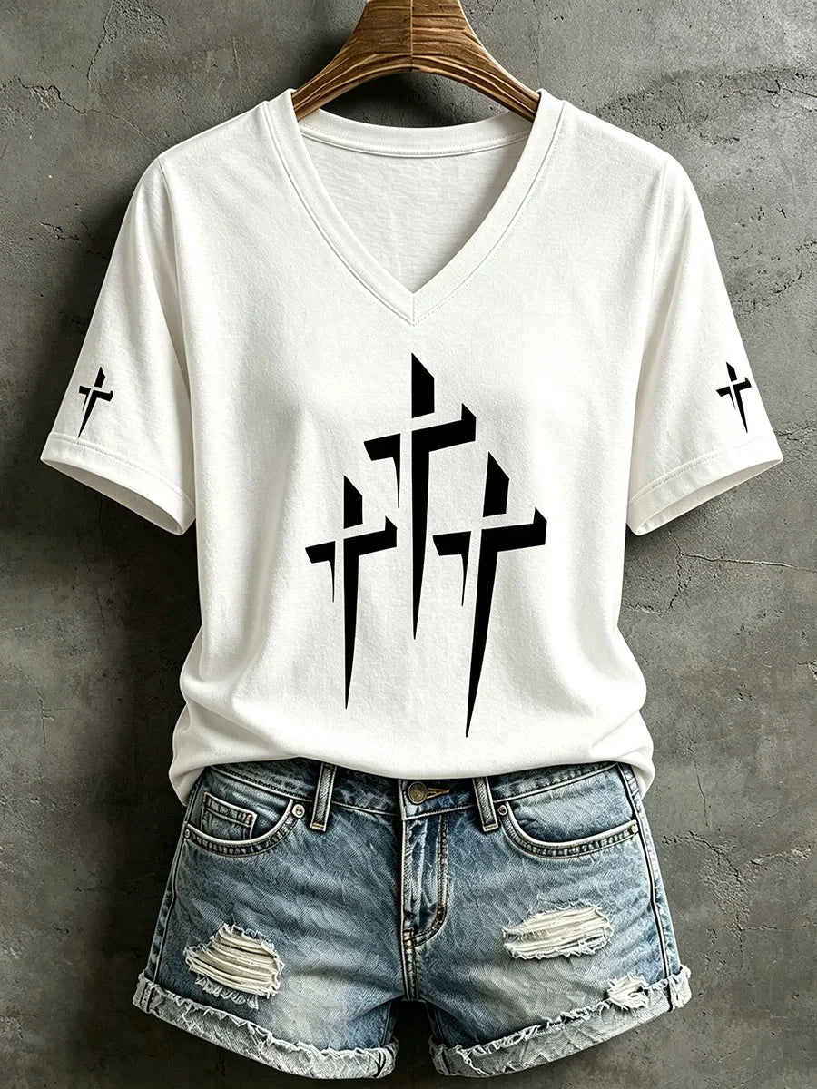 Three Crosses V-Neck Shirt Christian Faith Shirt Top Gifts For Fans - Merchluma