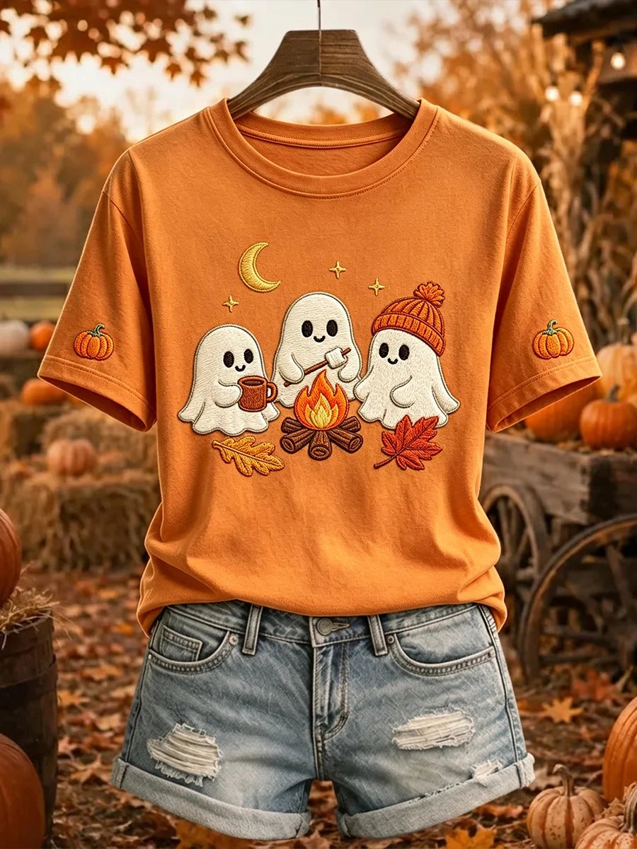 Cute Ghost Campfire T-Shirt Halloween Outfits Autumn Gift For Camping Lovers - Merchluma