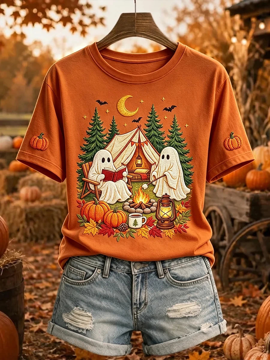 Halloween Ghost Camping T-Shirt Autumn Themed Shirt Cute Halloween Gift For Her - Merchluma