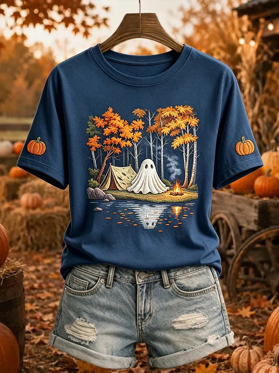 Halloween Ghost Camping T-Shirt 2026 Casual Outfits Autumn Halloween Themed Gifts - Merchluma