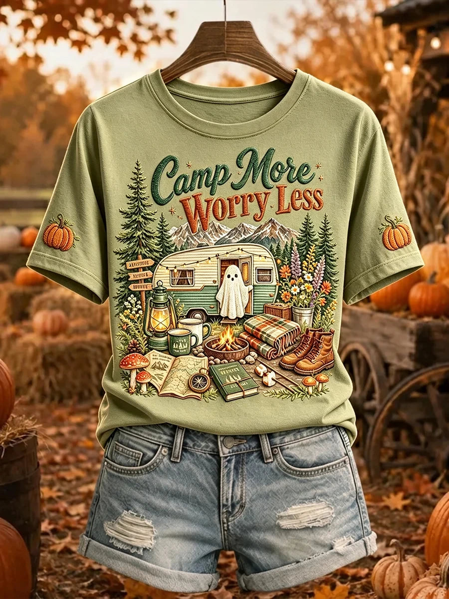 Camp More Worry Less T-Shirt Halloween Ghost Camping Shirt Autumn Themed Gifts Ideas - Merchluma