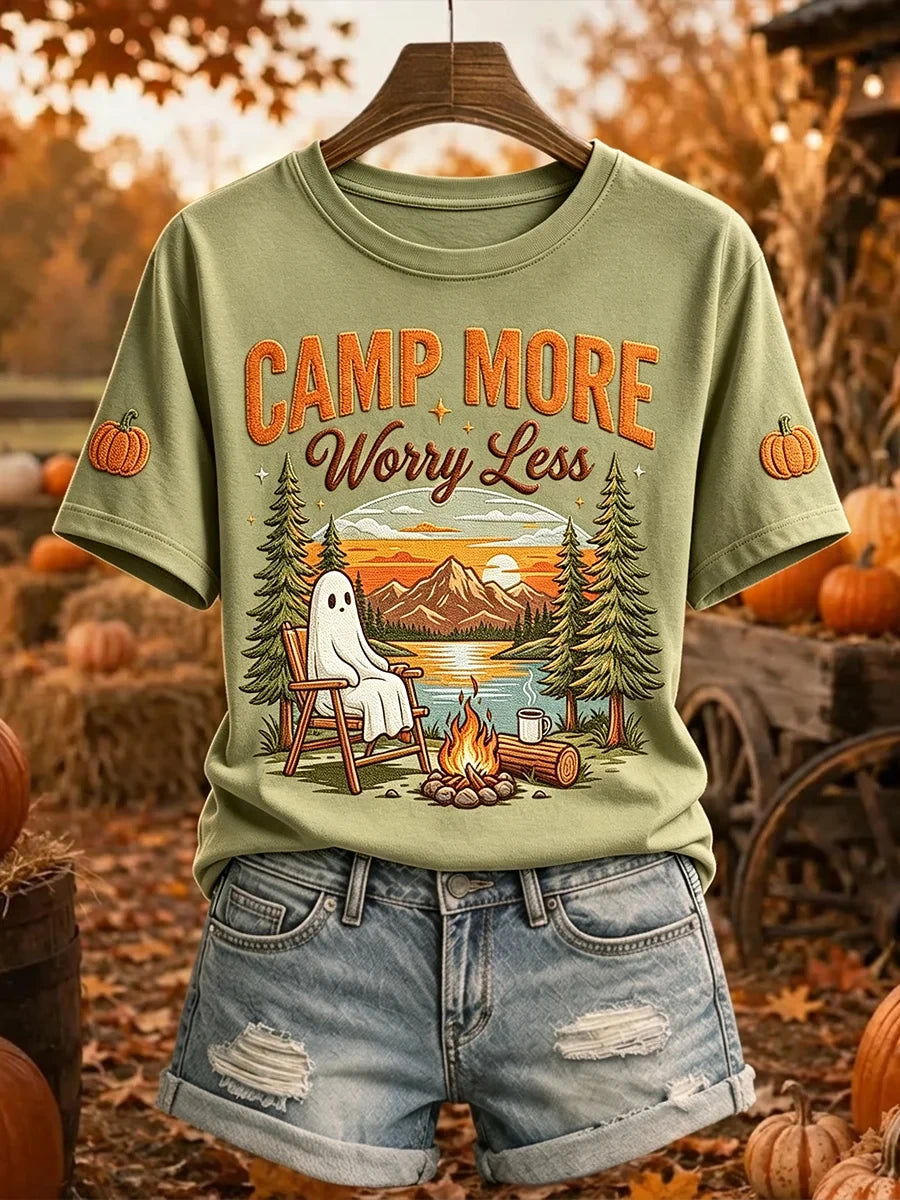Camp More Worry Less T-Shirt Halloween Ghost Camping Shirt Cute Autumn Outfits - Merchluma