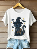 Floral Cat Denim T-Shirt White Cute Halloween Outfits Present for Cat Lovers - Merchluma