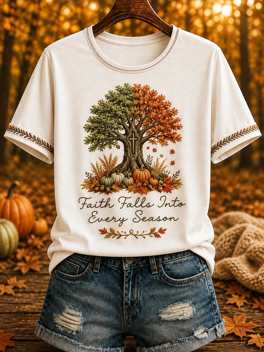 Autumn Faith Falls Into Every Season Printed T-Shirt Fall Inspired Clothes Christian Gift - Merchluma