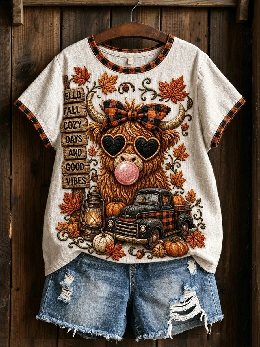Cow Hello Fall Cozy Days And Good Vibes T-Shirt Fashion Autumn Apparel Gift for Sisters - Merchluma