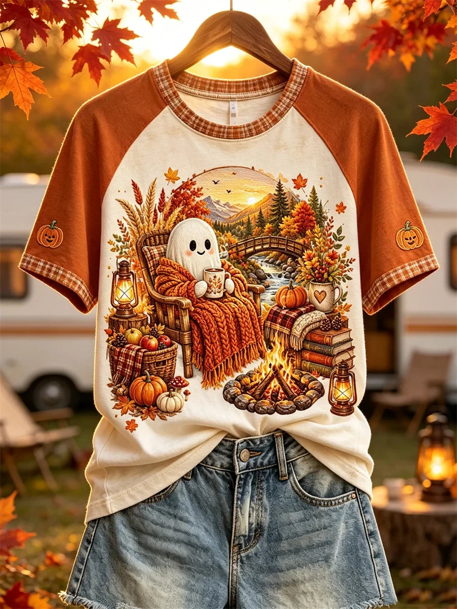 Fall Cozy Ghost By Campfire T-Shirt Cute Halloween Outfits Gift For Besties - Merchluma