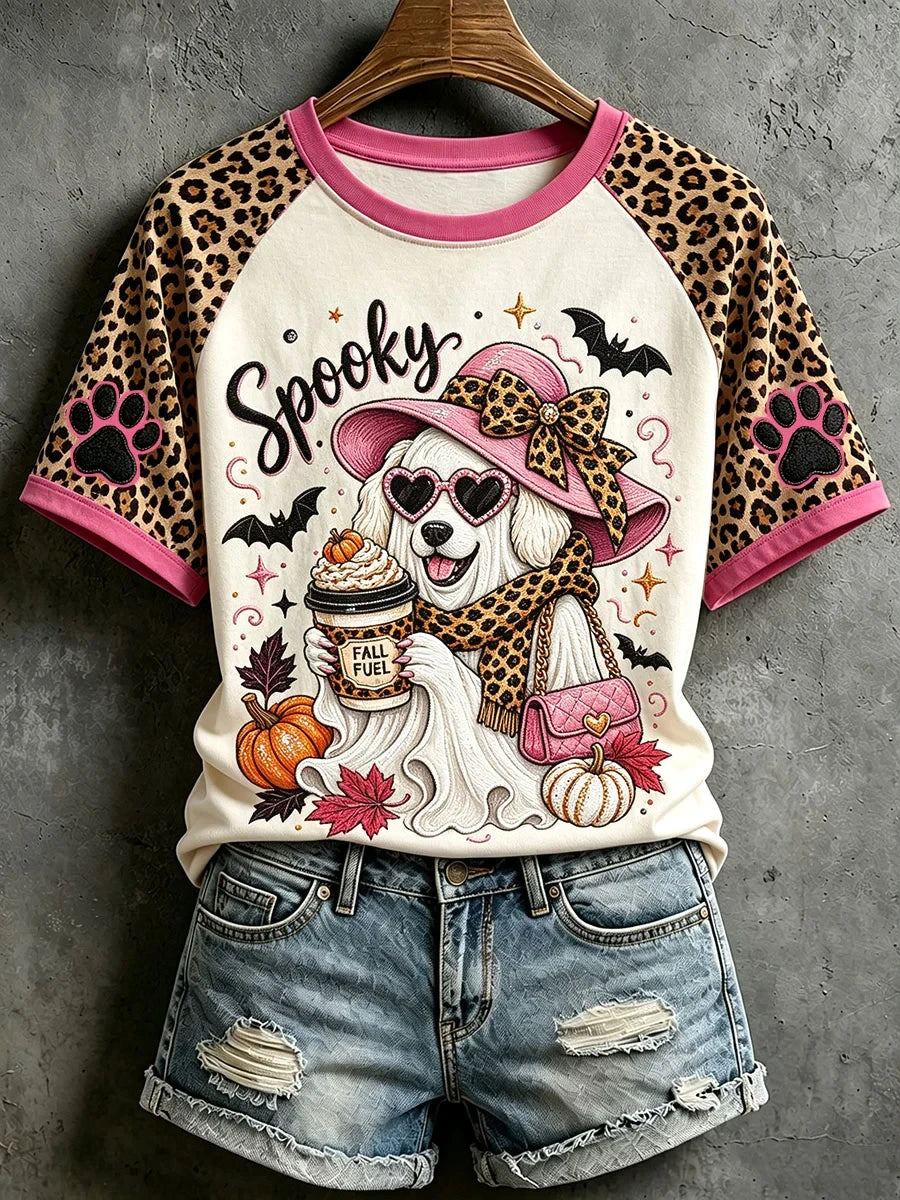 Spooky Ghost Dog Halloween Shirt Leopard Coffee Dog Mom T-Shirt Halloween Gift For Dog Lovers - Merchluma