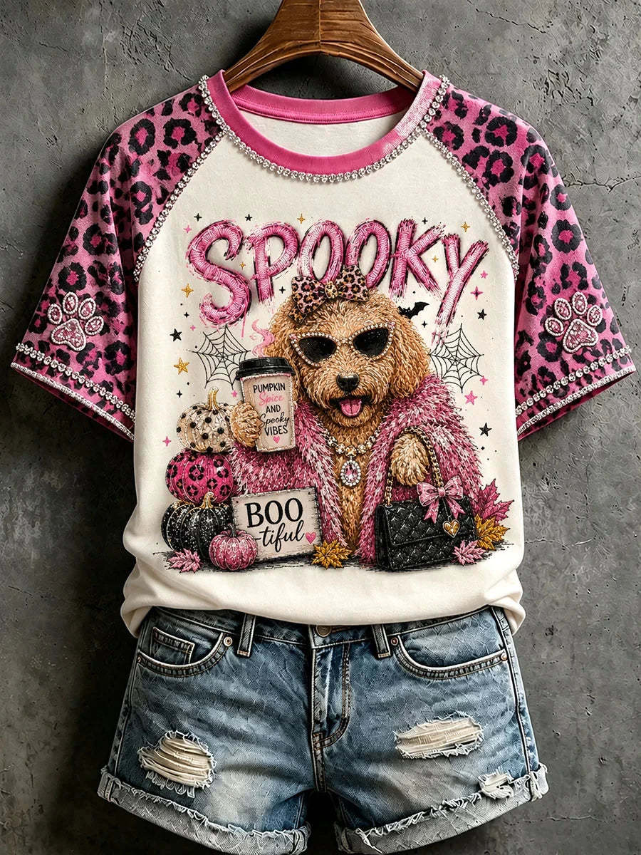 Spooky Pink Leopard Poodle Halloween Shirt Goldendoodle Pumpkin T-Shirt Bootiful Halloween Gift - Merchluma