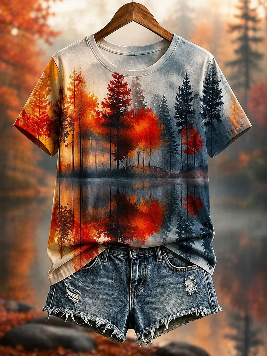 Autumn Forest Lake Shirt Fall Trees Scenic Nature Reflection Tee Gift For Nature Lovers - Merchluma