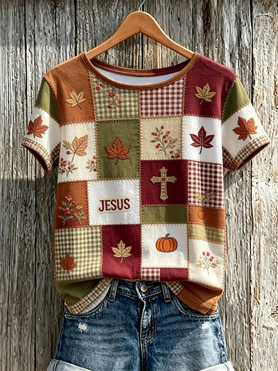 Autumn Jesus Faith Cross Patchwork T-Shirt Fall Inspired Clothes Christian Gifts For Her - Merchluma