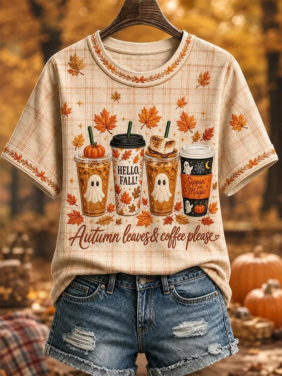 Autumn Leaves And Coffee Please T-Shirt Cute Halloween Apparel Fall Gifts For Her - Merchluma