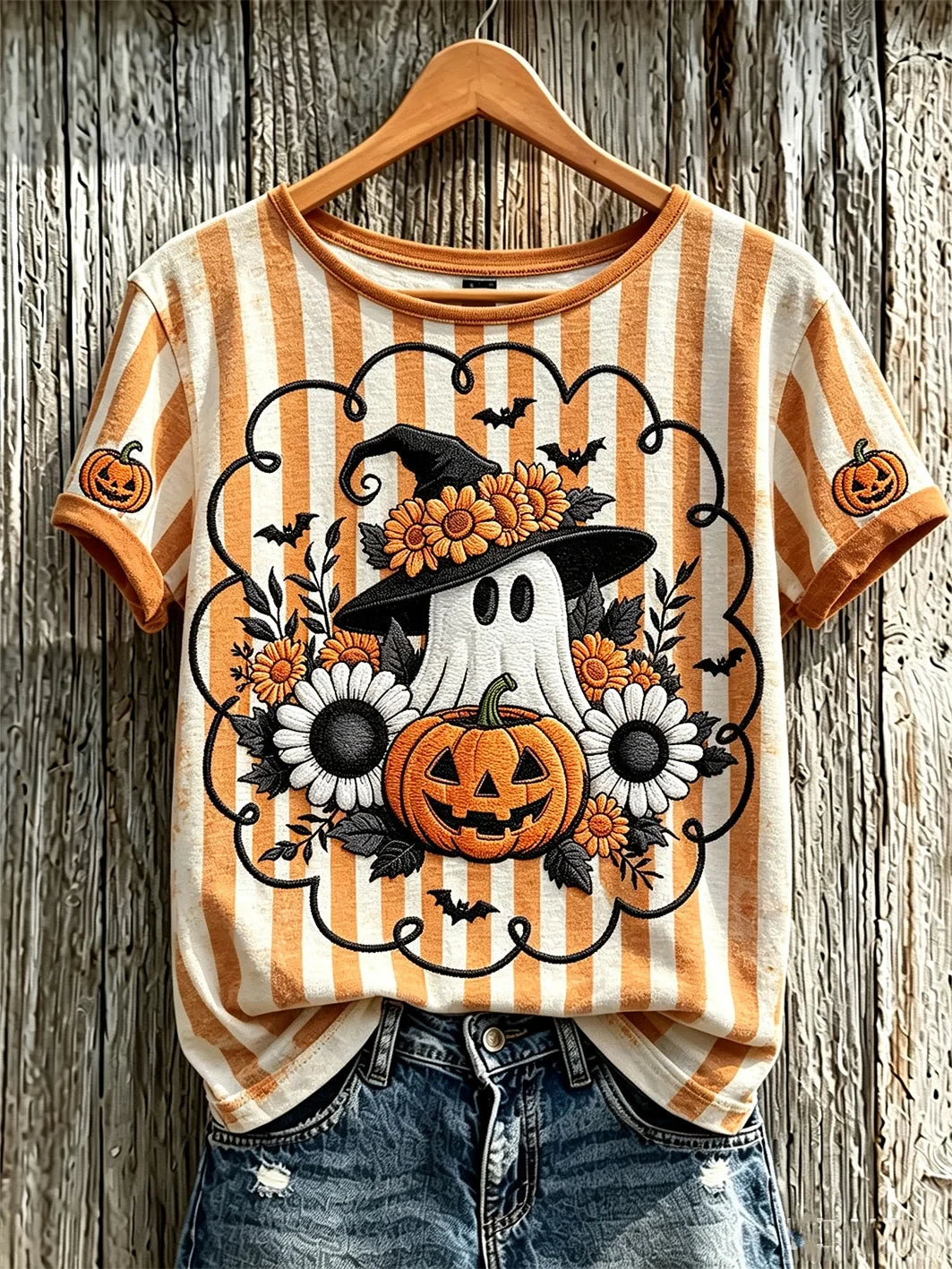 Autumn Theme Adorable Ghost Pattern T-Shirt Trendy Autumn Clothes Halloween Presents - Merchluma