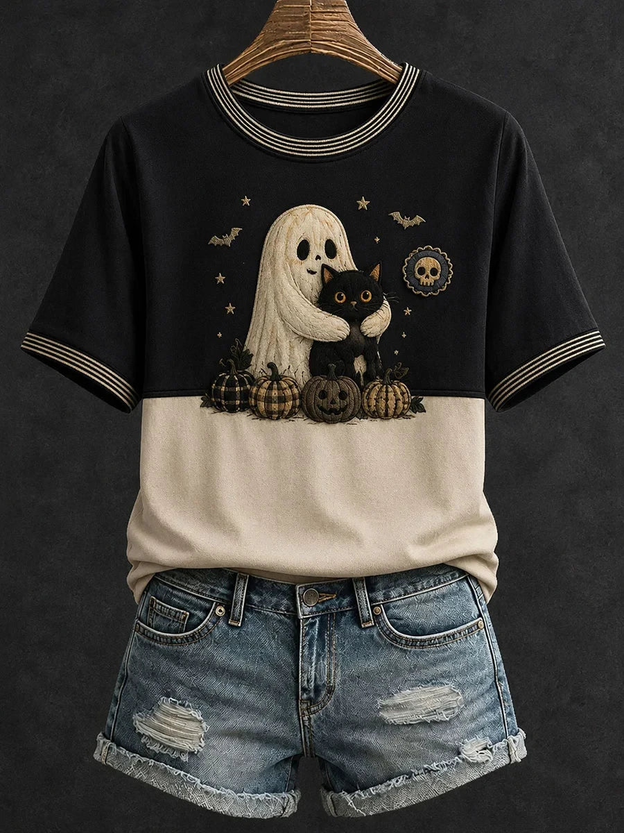 Cute Ghost Hug Black Cat T-Shirt Halloween Outfits Gift For Cat Lovers - Merchluma