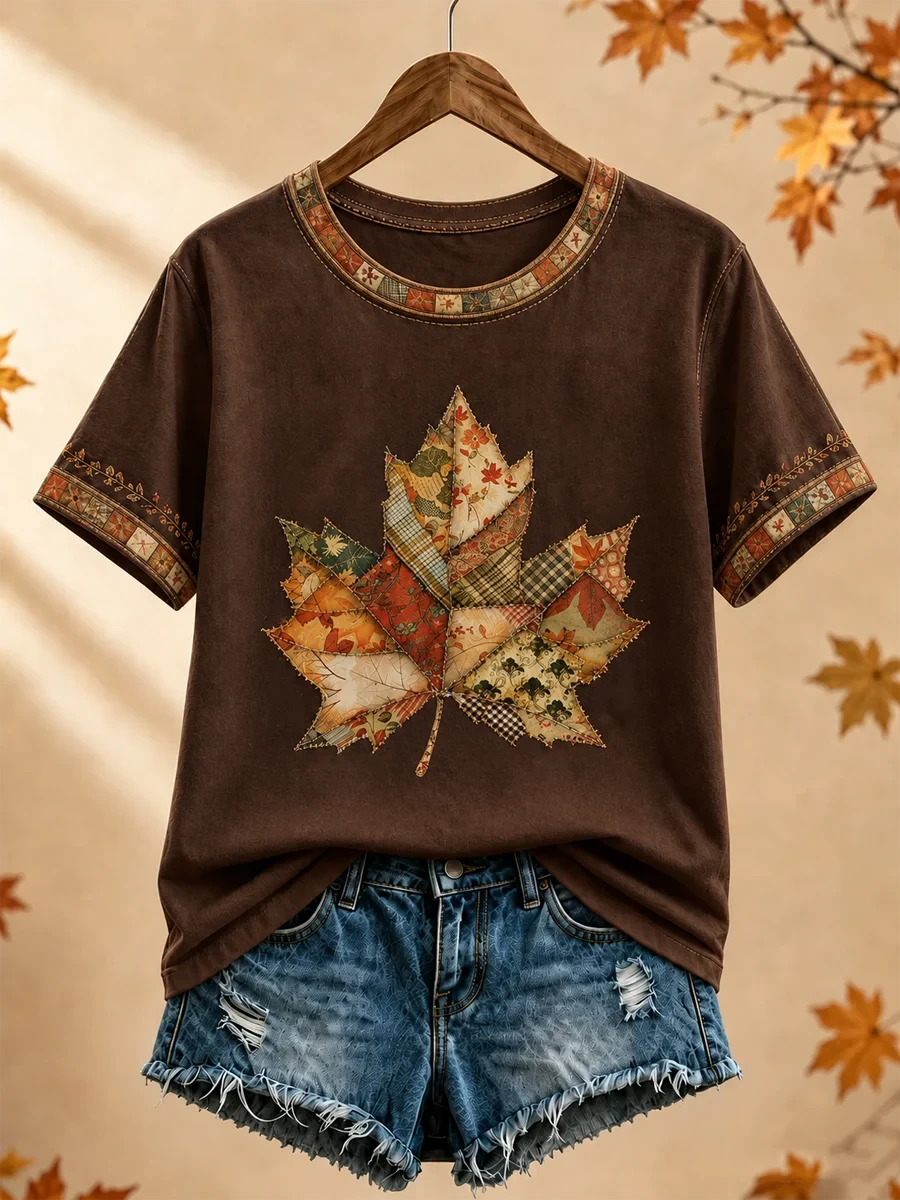 Autumn Maple Leaf T-Shirt Patchwork Cute Fall Trendy Apparel Gift For Mom - Merchluma
