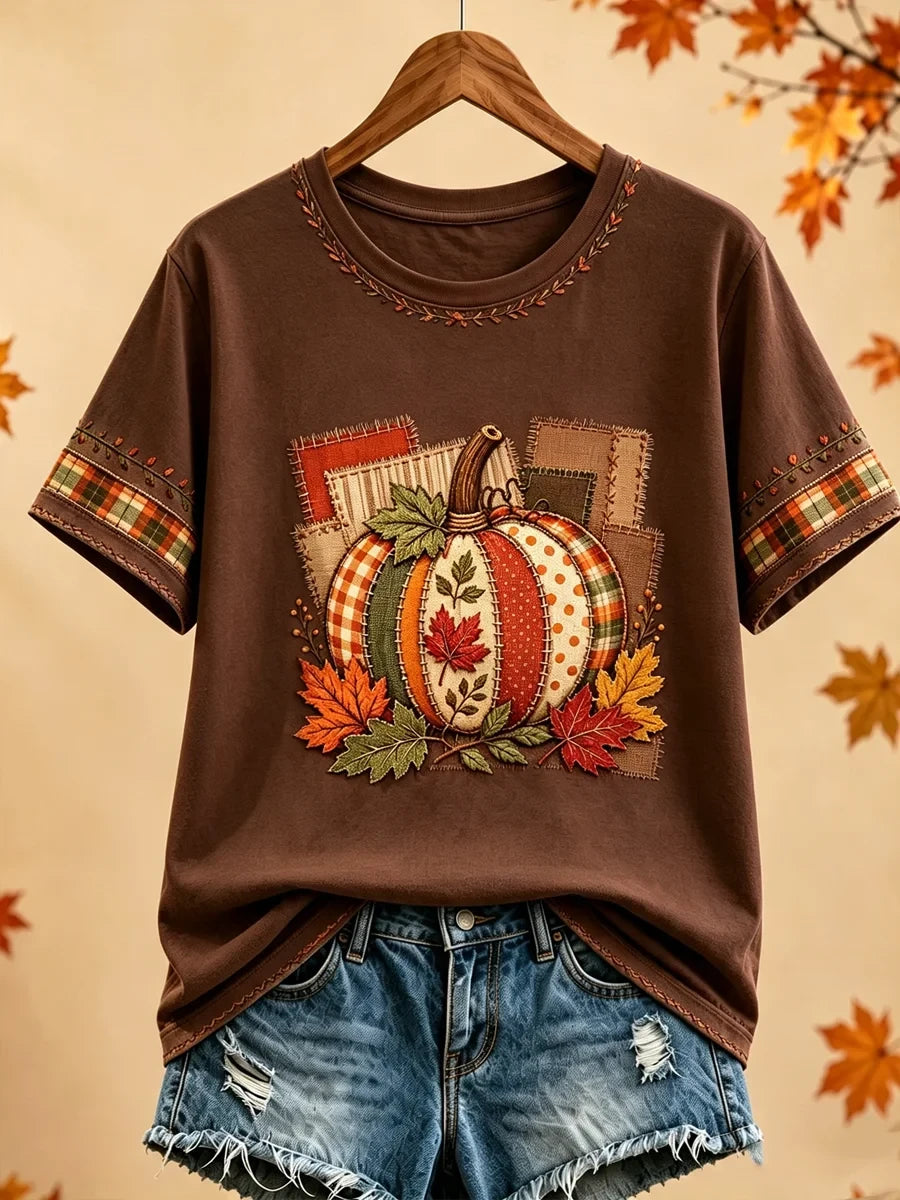 Autumn Pumpkin Patchwork T-Shirt Fall Inspired Clothing Meaningful Gift for Sisters - Merchluma
