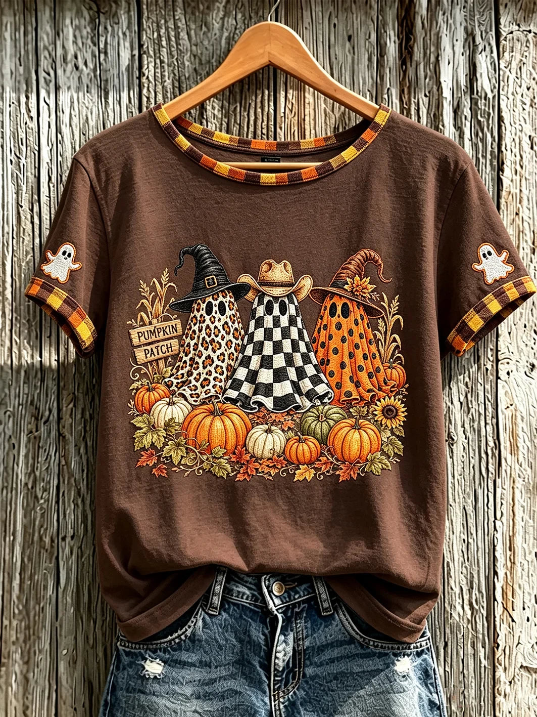 Autumn Theme Adorable Ghost Pattern T-Shirt Fall Inspired Outfit Halloween Present Ideas - Merchluma