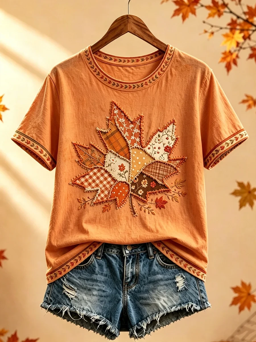 Autumn Maple Leaf Patchwork T-Shirt Fall Inspired Clothes Useful Gift For Her - Merchluma